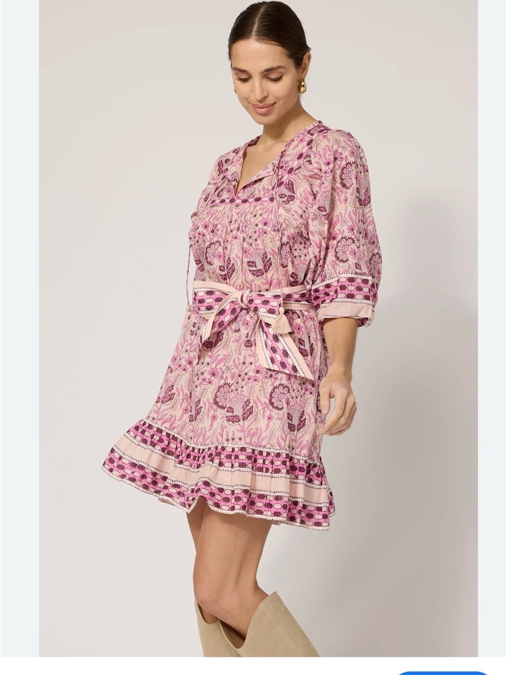 Cleobella Magdeline Pink Floral Belted Boho Mini Dress